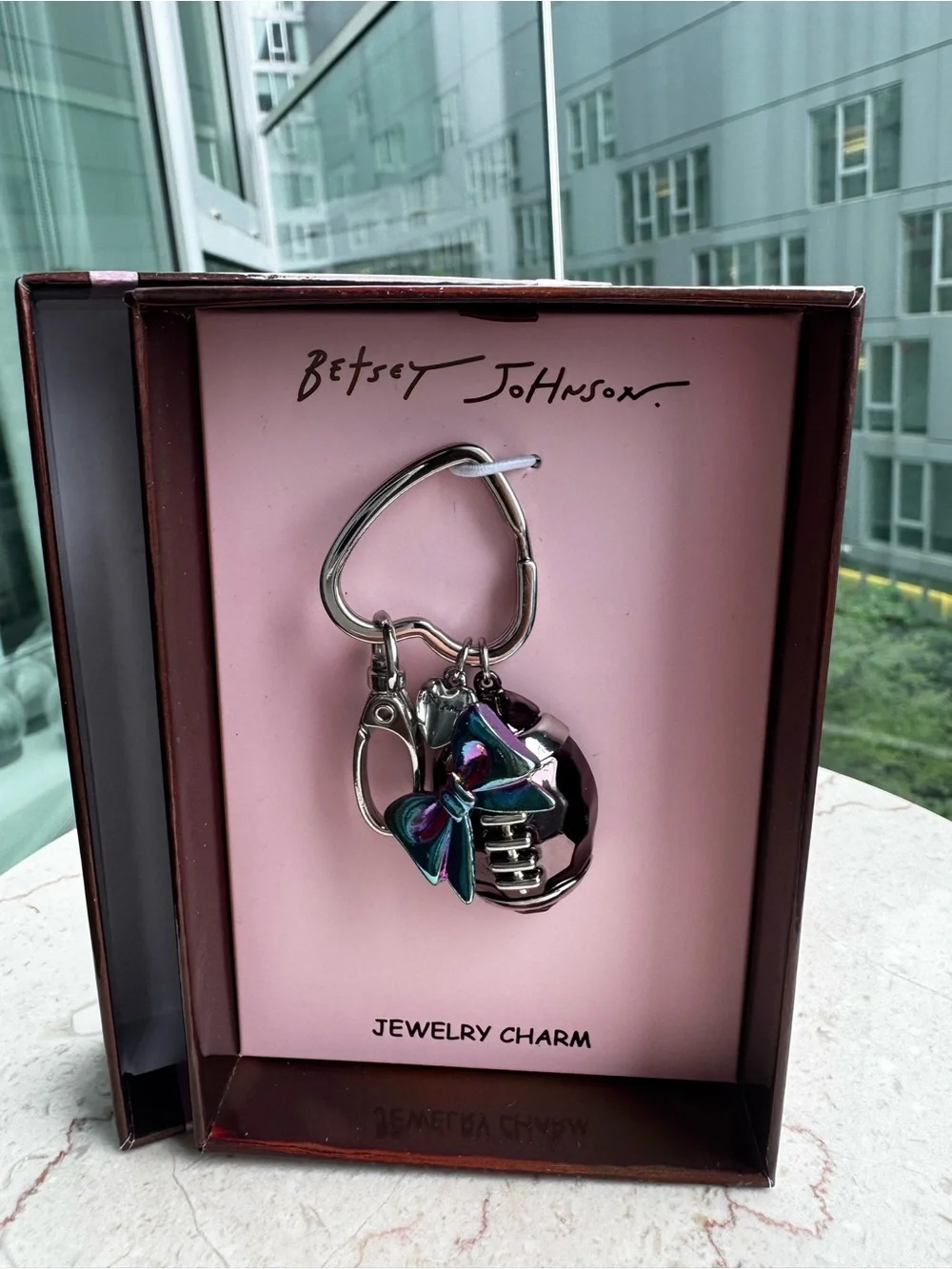 Betsey Johnson Silver Heart Keyring with Football and Iridescent Bow